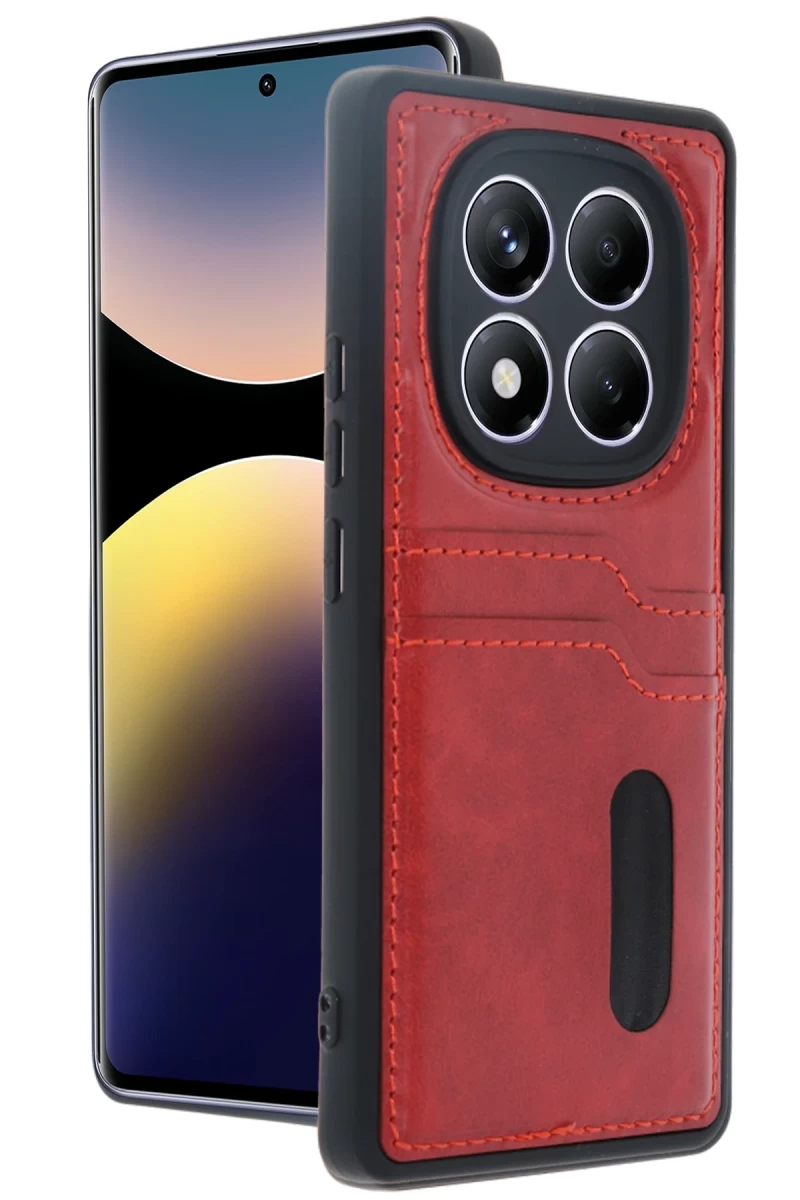 Xiaomi Redmi Note 14 Pro 4G Uyumlu Kılıf Sara Kartvizitli Deri Kılıf - Kırmızı