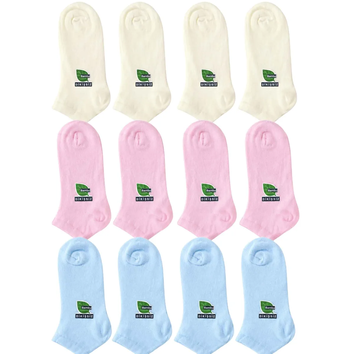 Kadın Bambu Dikişsiz Patik Çorap 12'li Paket - Yumuşak, Nefes Alan, Nem Emici Kısa Konç Günlük Çorap - Krem, Mavi, Pembe
