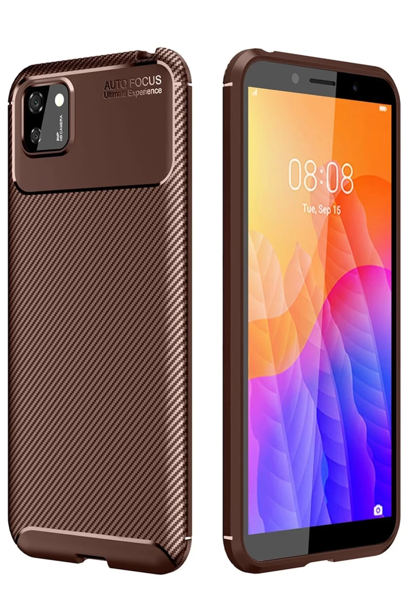 Huawei Y5P Uyumlu Kılıf Auto Focus Karbon Kapak - Kahverengi