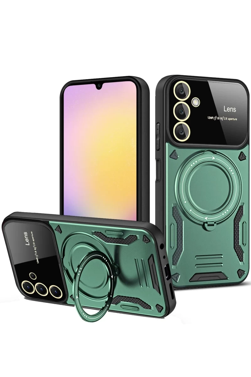 Samsung Galaxy A54 5G Uyumlu Kılıf Joy Lens Standlı Kapak - Koyu Yeşil