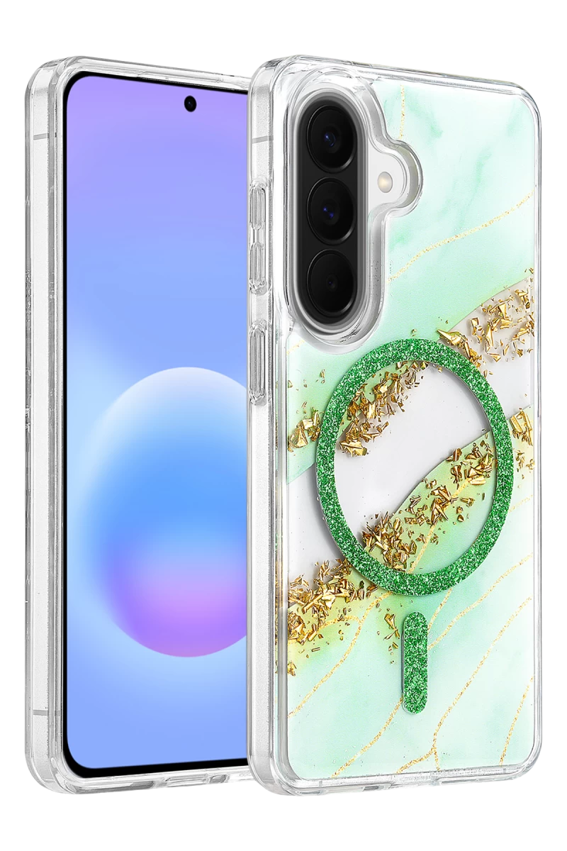 Onegif Samsung Galaxy A57 5G Uyumlu Lotus Simli Magsafe Kapak - Yeşil