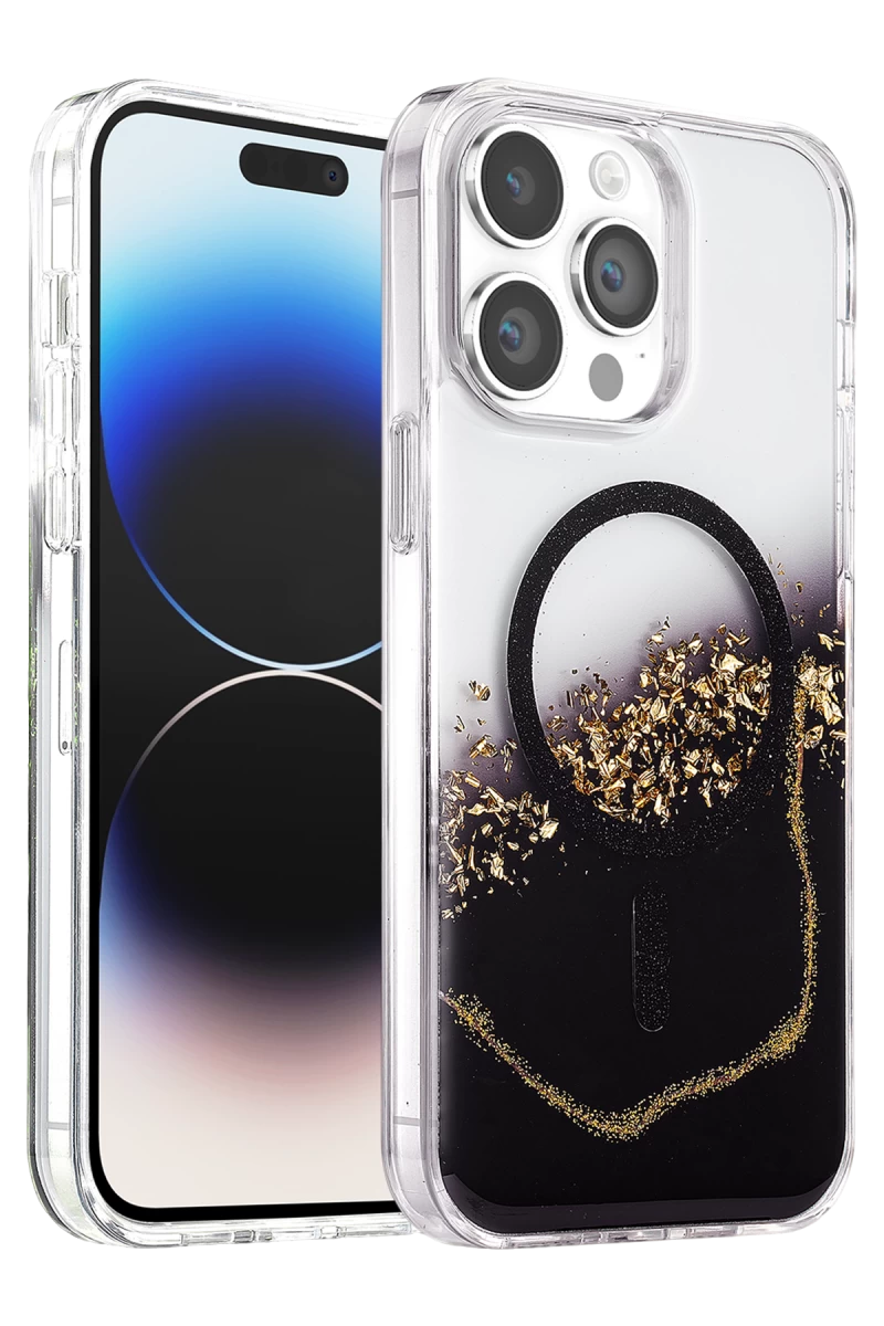 Onegif Apple iPhone 14 Pro Max Uyumlu Lotus Simli Magsafe Kapak - Siyah