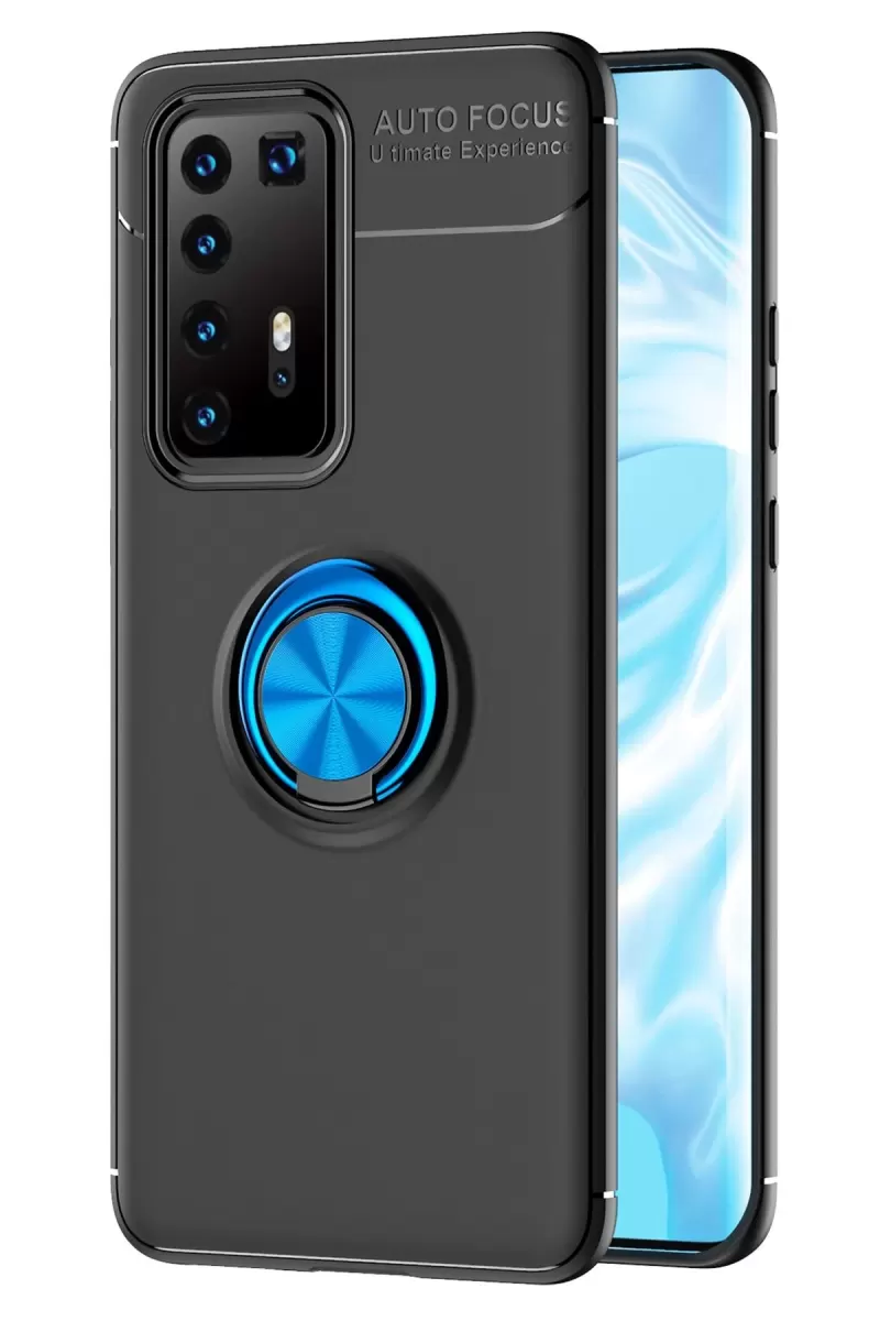Huawei P40 Pro Uyumlu Kılıf Range Yüzüklü Silikon - Siyah-Mavi