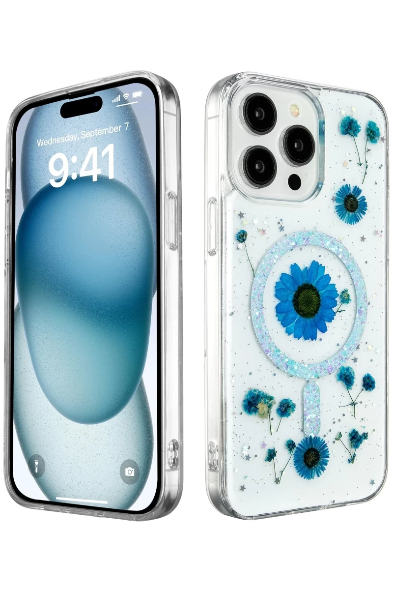 Apple iPhone 15 Pro Uyumlu Kılıf Daisy Simli Magsafe Kapak - Mavi