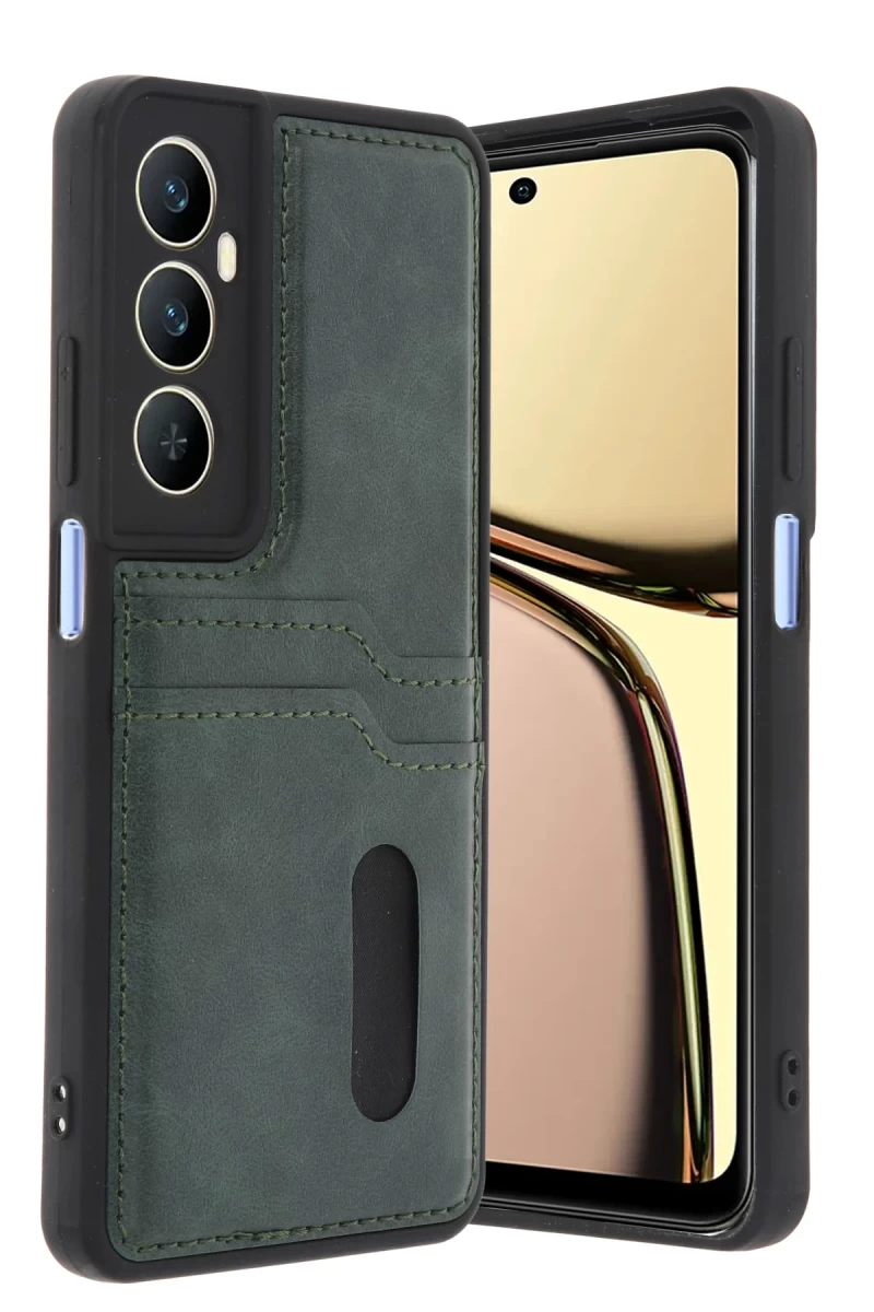 Realme C65 Uyumlu Sara Kartvizitli Deri Kılıf - Yeşil