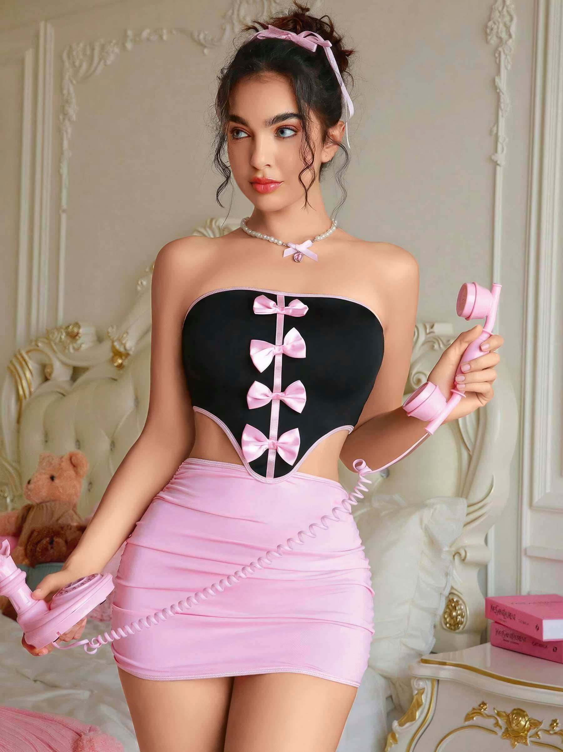 Kadın Pembe Etekli Fiyonk Detaylı Fantezi Elbise 2154 · BEDEN: L/XL · RENK: Pembe