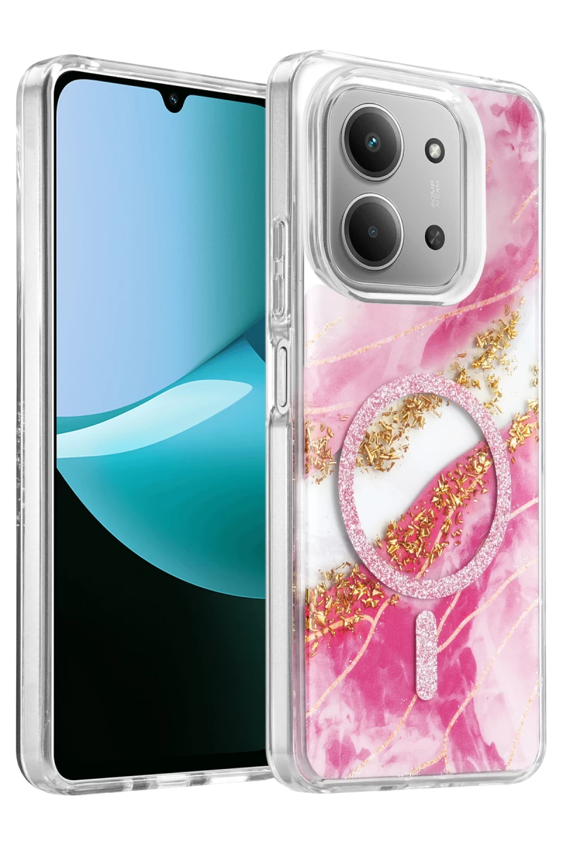 Onegif Xiaomi Redmi 15C 4G Uyumlu Lotus Simli Magsafe Kapak - Pembe