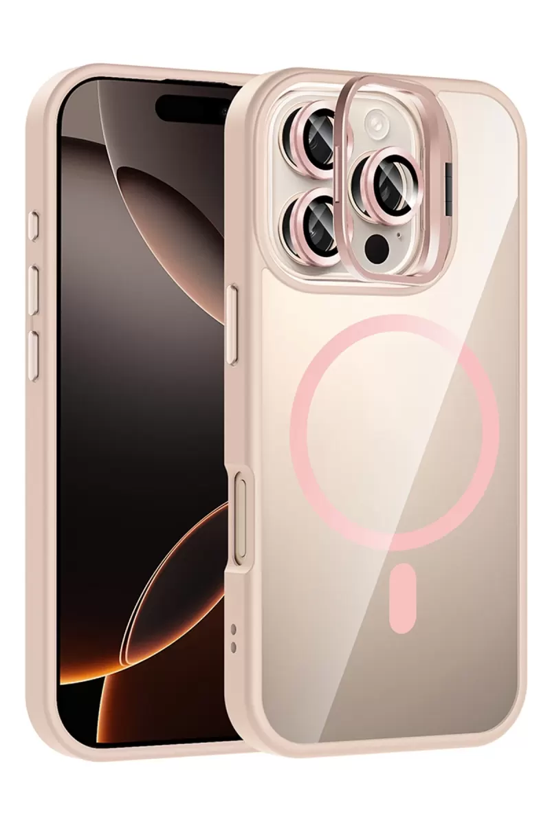Joko Apple iPhone 16 Pro Uyumlu Remim Lensli Magsafe Standlı Kapak - Pembe
