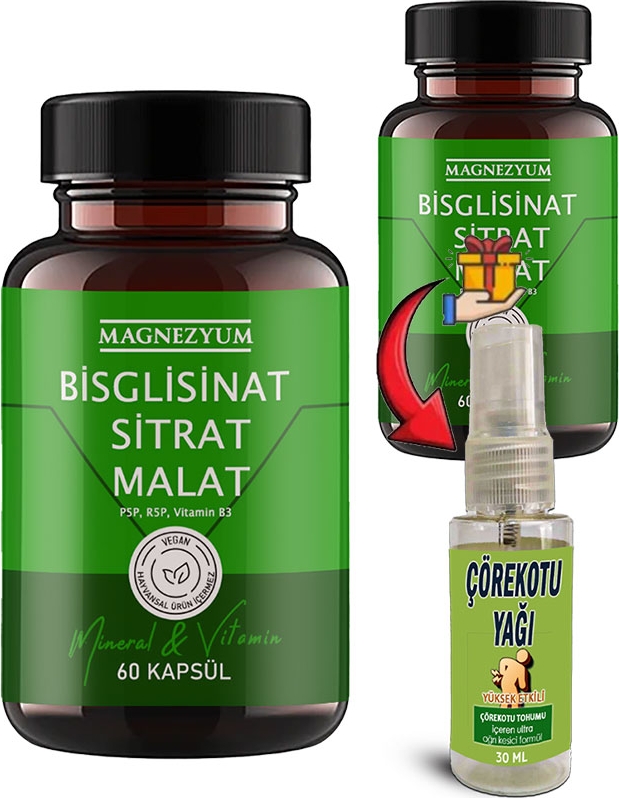 Magnezyum 2 Kutu Bisglisinat  Magnezyum Sitrat Magnezyum Malat & Vitamin B2 B3 B6  ve Mineral Kapsülleri 60LI 2 Adet + Çörek Otu Masaj Yağı 30 ml