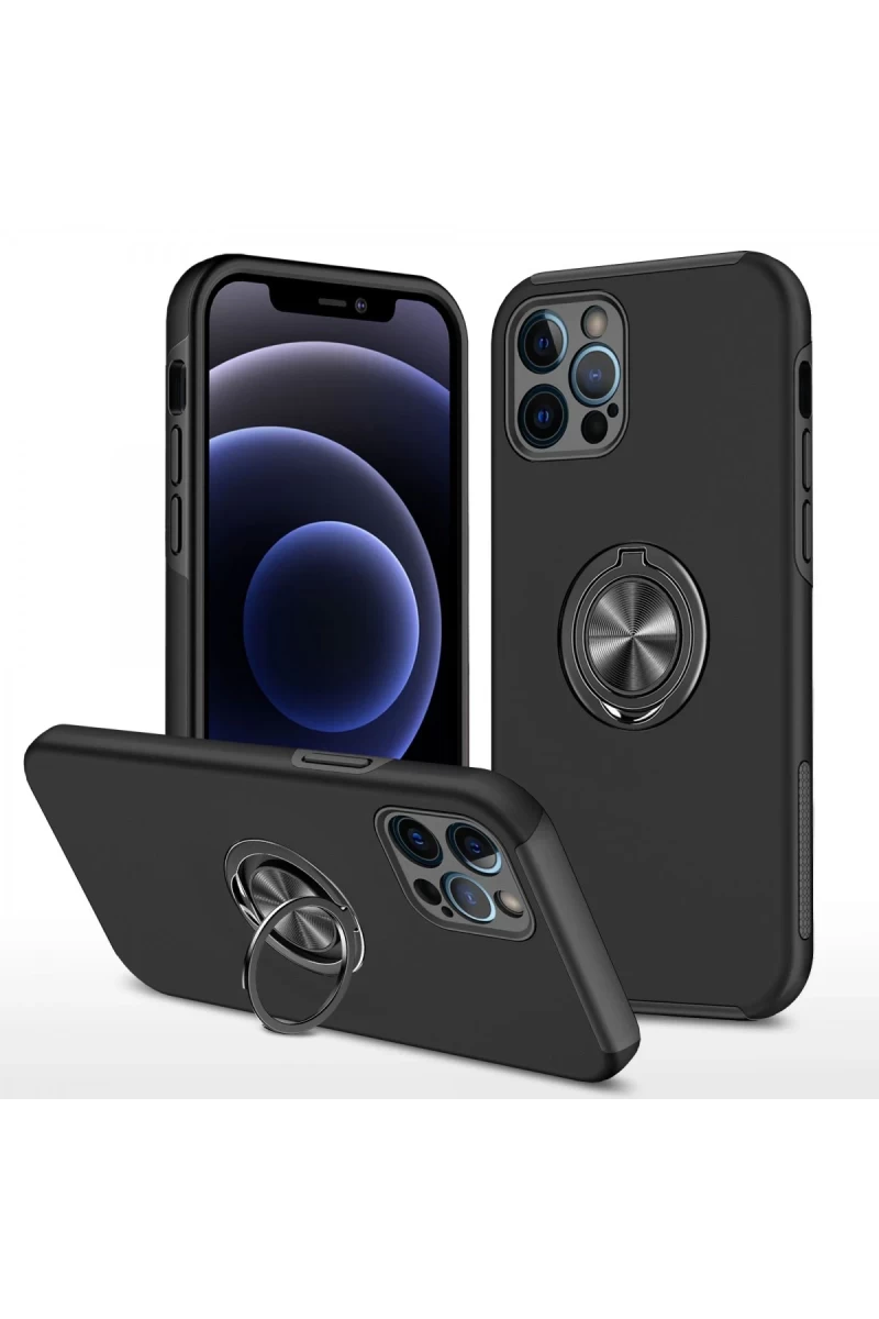 Apple iPhone 12 Pro Max Uyumlu Kılıf Elit Yüzüklü Kapak - Siyah