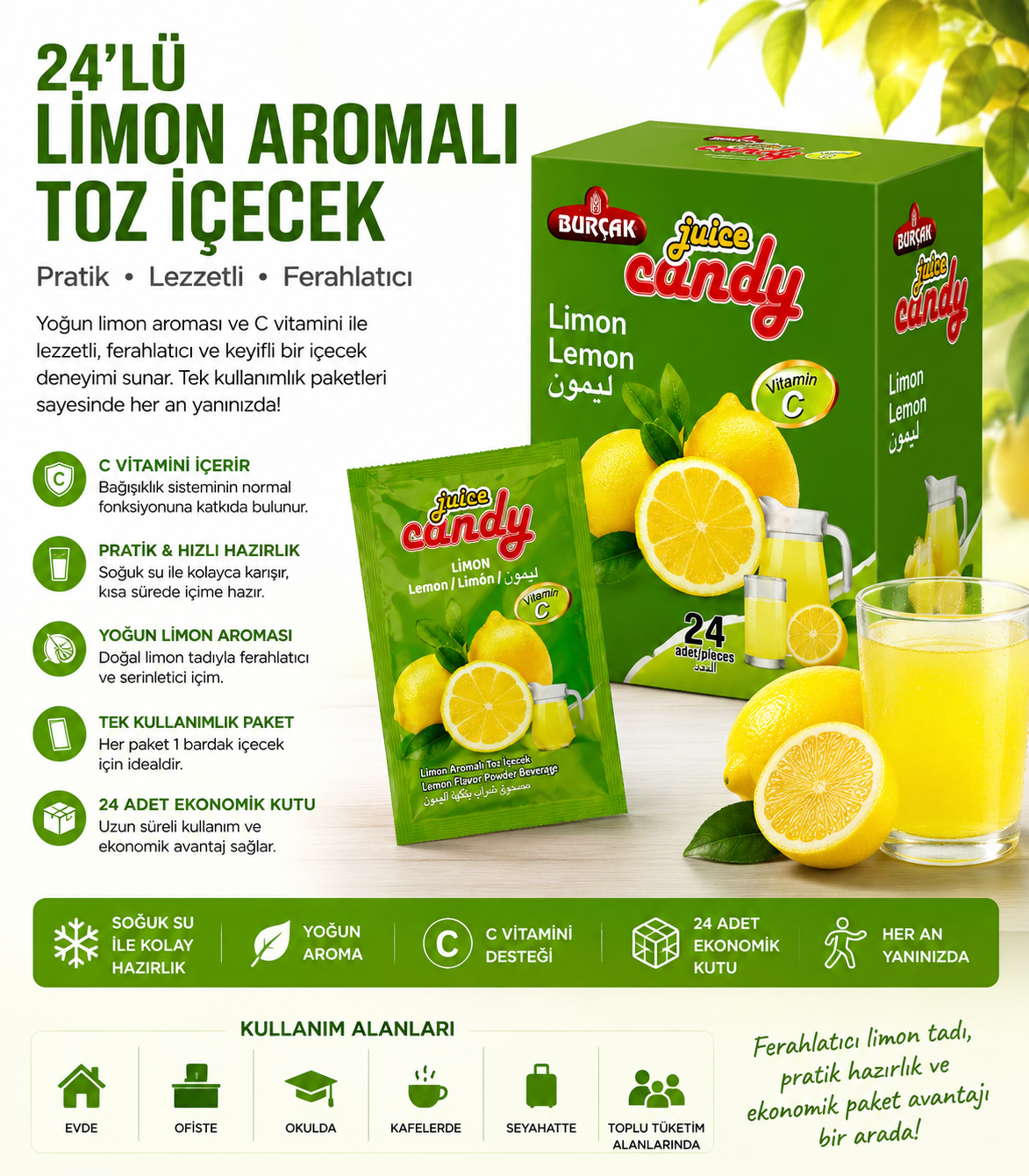 24’lü Limon Aromalı Toz İçecek 24’lü Kutu C Vitaminli Pratik Soğuk İçecek Tozu