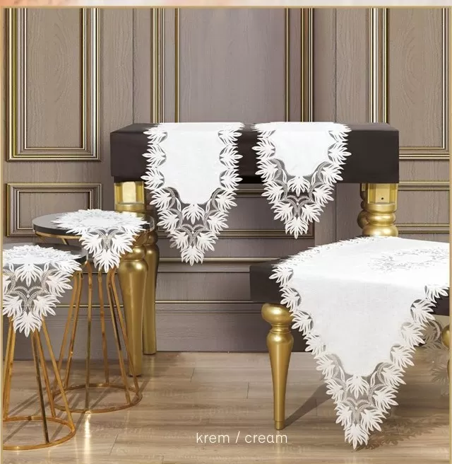 Salon Takımı 5 Parça Dantelli Keten Masa Örtüsü Runner Seti Çeyizlik Samina Model No 85693 Krem