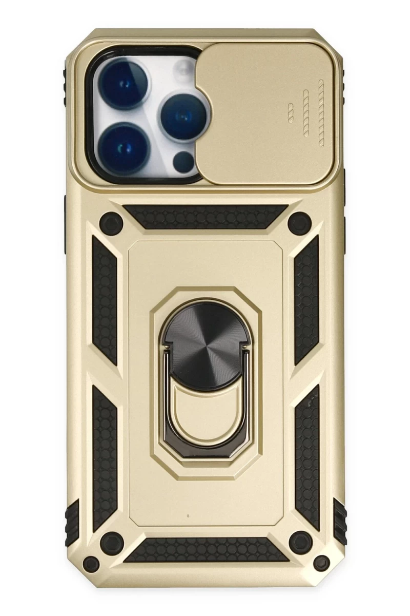 Apple iPhone 14 Pro Uyumlu Kılıf Pars Lens Yüzüklü Silikon - Gold