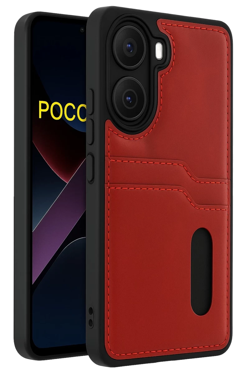 Xiaomi Poco X7 Pro Uyumlu Kılıf Sara Kartvizitli Deri Kılıf - Kırmızı