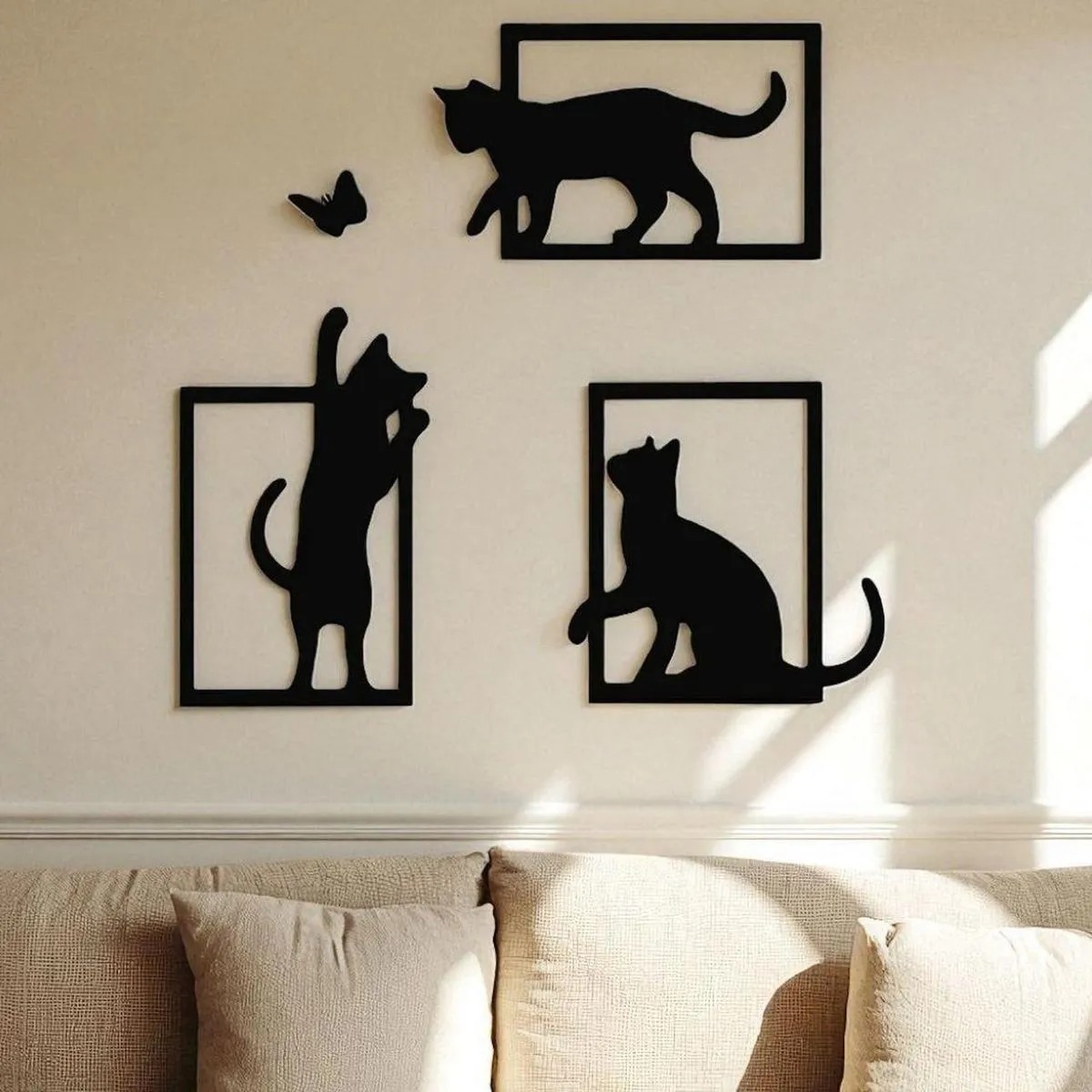 3D Baskı Kedi ve Kelebek Duvar Dekoru 3'lü Set Siyah Kedi Silüeti Duvar Süsü
