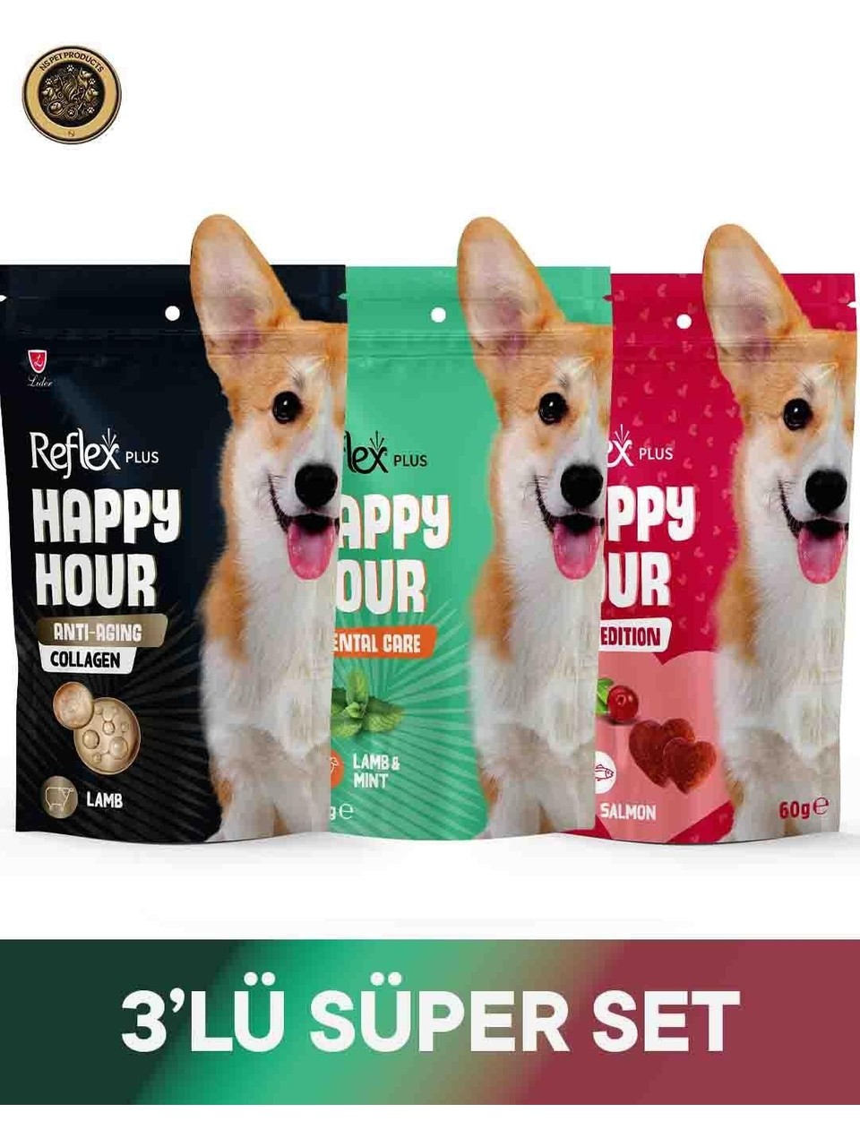 Reflex Plus Happy Hour Anti Aging Collagen & Dental Care - Ağız ve Diş Sağlığı & Love Edition Köpek Ödül Maması Seti 3x60 gr