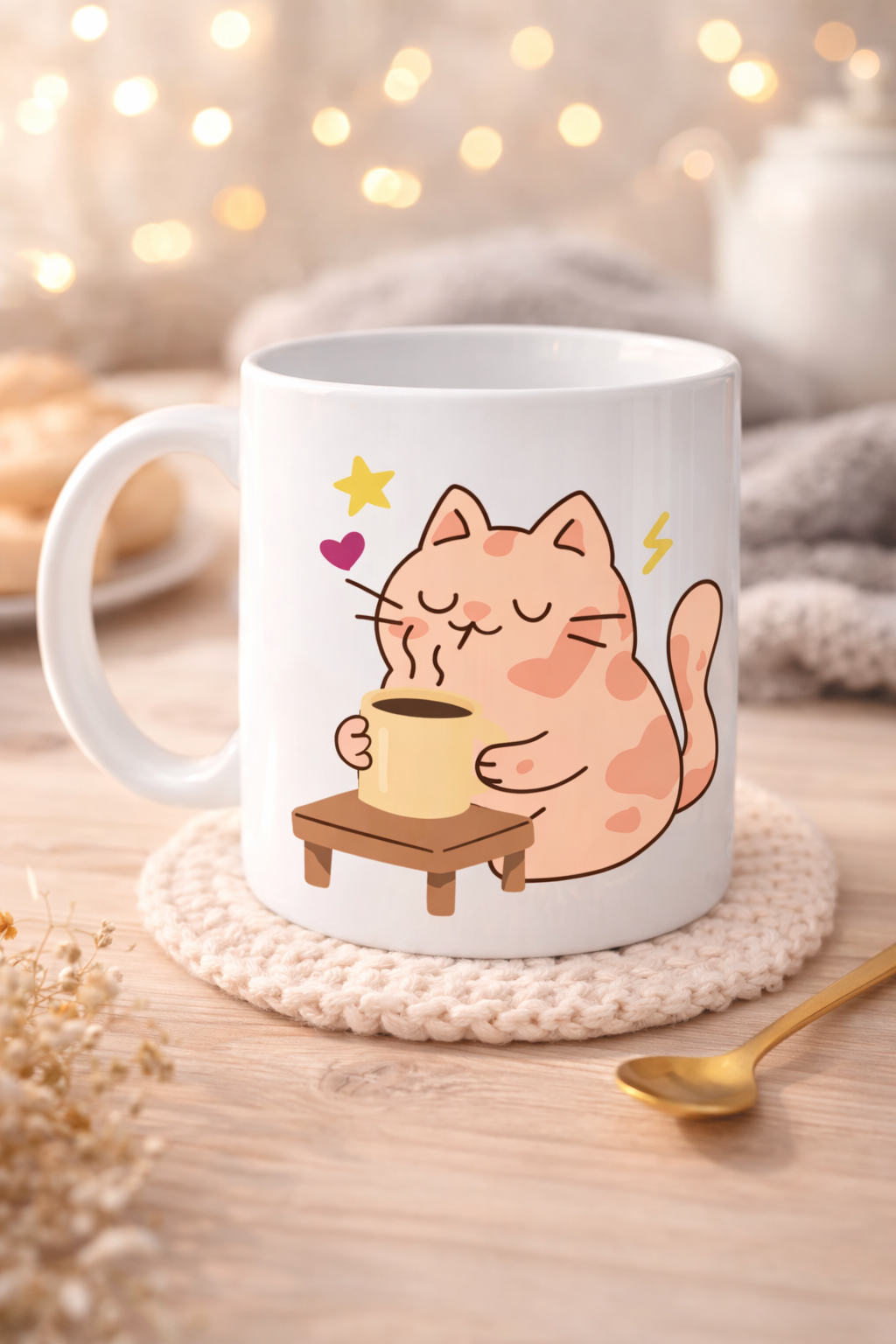 Sevimli Kedi Tasarımlı Porselen Kupa MODEL 196 – Kahve İçen Kedi Baskılı Porselen Kahve Kupası – Kedi Severlere Hediyelik Porselen Kupa Bardak 330 ml