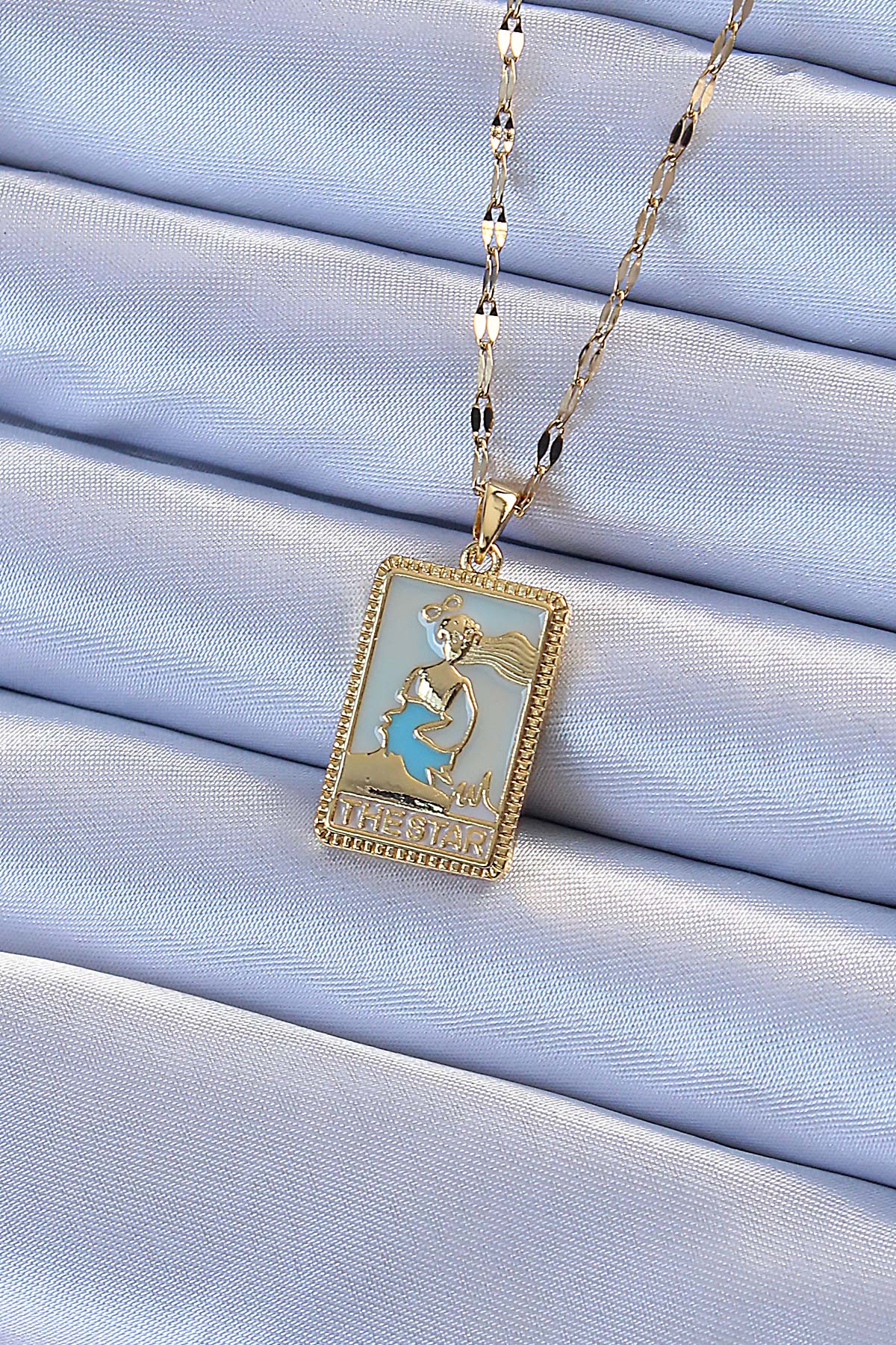 316L Çelik Zincir Gold Renk Mavi Mineli Tarot Kolye