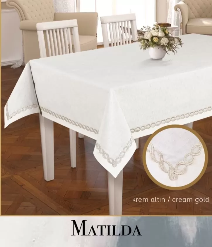 Matilda Krem-Gold 155x220 cm Keten Masa Örtüsü Modern Yemek Masası Tablecloth
