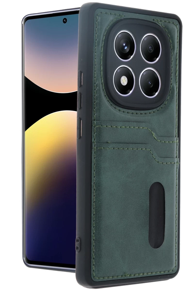 Xiaomi Redmi Note 14 Pro 4G Uyumlu Kılıf Sara Kartvizitli Deri Kılıf - Koyu Yeşil
