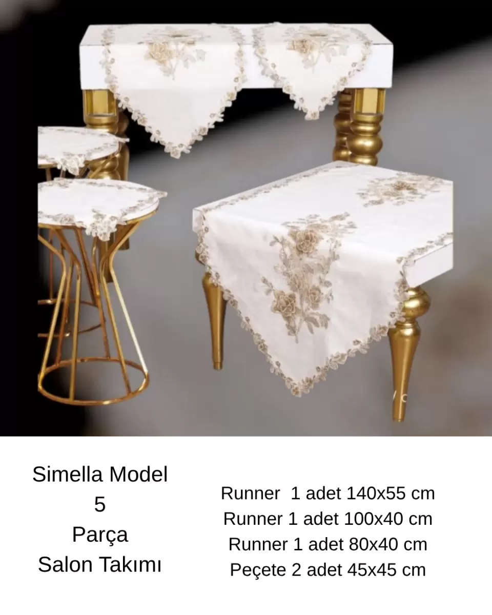 Simella Model Krem-Kapiçino Çeyizlik Nakış İşlemeli Masa Örtüsü Runner Seti Salon Takımı