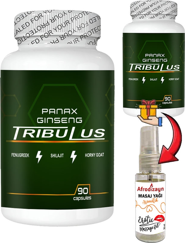 Panax 2 Kutu Panax Ginseng Tribuluslu Fenugreekli Shilajitli Hornygoatlı 90 Lı Erkeklere Özel Kapsüller + Afrodizayn Masaj Yağı 30 ml