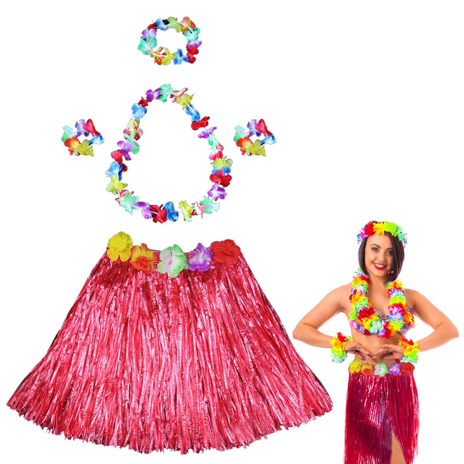 Hawaii Dans Kostümü ? Kırmızı Hula Etek & Çiçek Kolye Seti