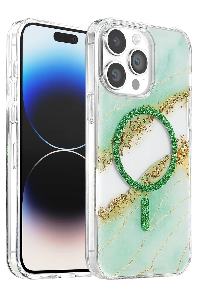 Onegif Apple iPhone 15 Pro Max Uyumlu Lotus Simli Magsafe Kapak - Yeşil