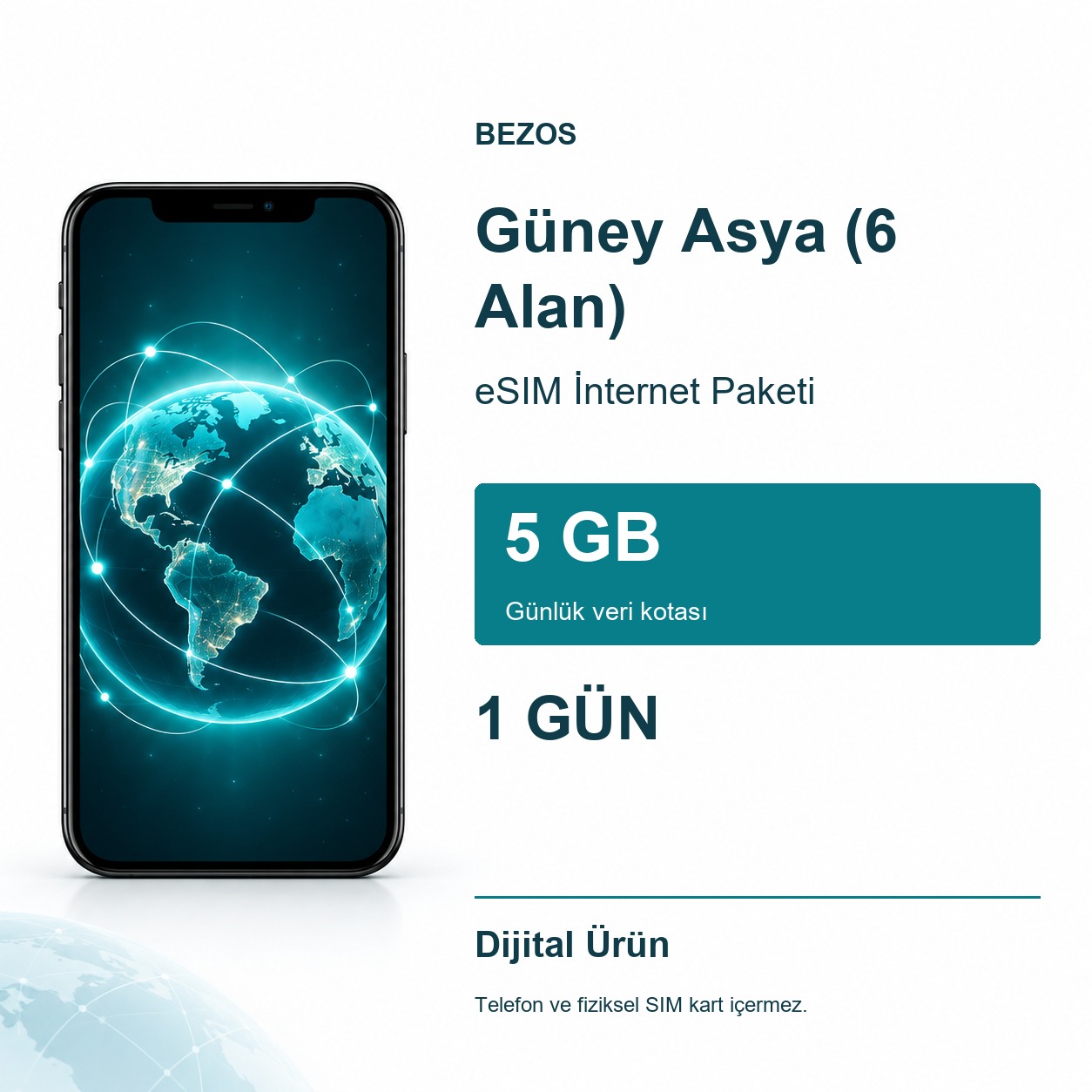 Güney Asya (6 Alan) eSIM İnternet Paketi Günlük 5 GB 1 Gün