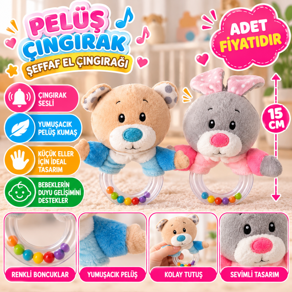 PL50191 15CM ŞEFFAF EL ÇINGIRAĞI PELUŞ ÇINGIRAK (adet fiyatıdır)