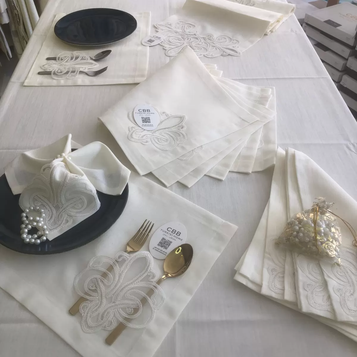 Sofra Takımı Taç Gardenya Keten Yemek Takımı 160x260 Masa Seti 26 Parça Runner Set Krem