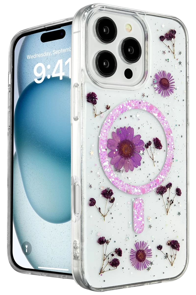 Apple iPhone 16 Pro Uyumlu Kılıf Daisy Simli Magsafe Kapak - Mor
