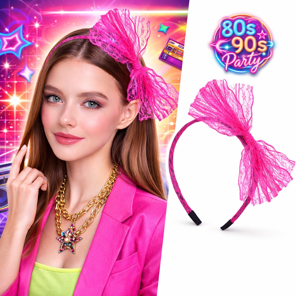 80?ler 90?lar Neon Pembe Dantel Taç Fiyonklu