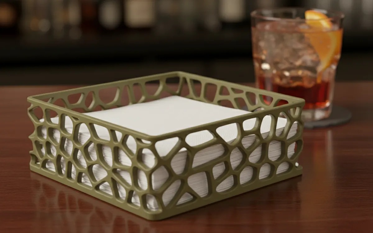 3D Baskı Organik Desenli Peçetelik Kokteyl Peçete Tutucu 12,5x12,5 cm Delikli Peçete Standı - Yeşil