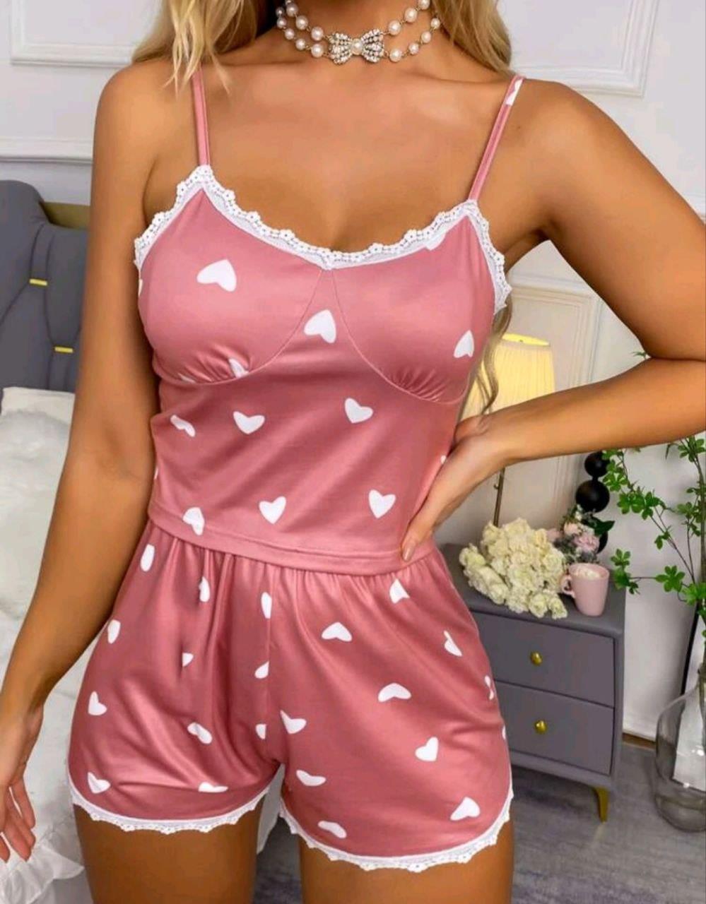 Kadın Pudra Kalp Desenli Seksi Gecelik Takım 5019 · BEDEN: L/XL · RENK: Pudra