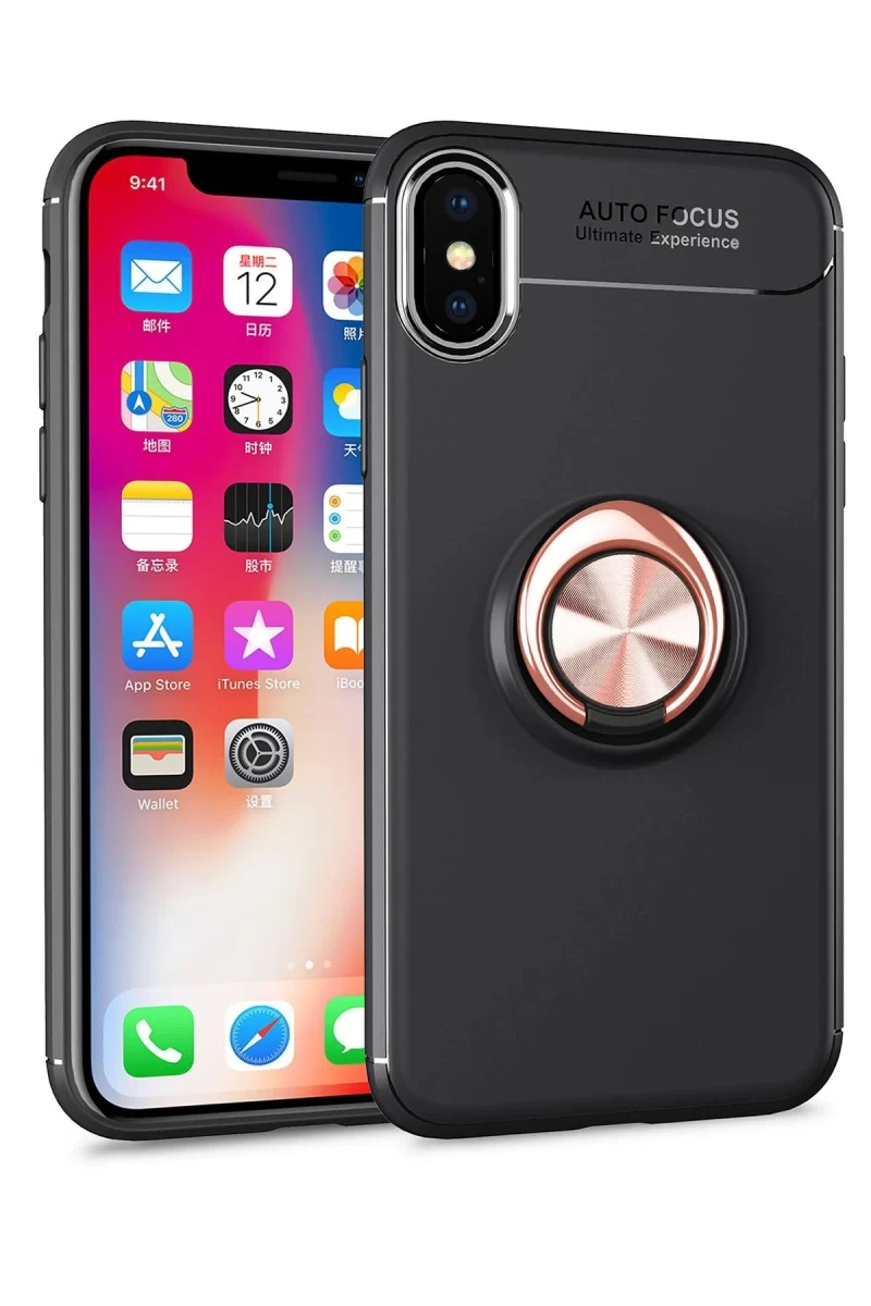 Apple iPhone XS Max Uyumlu Kılıf Range Yüzüklü Silikon - Siyah-Gold