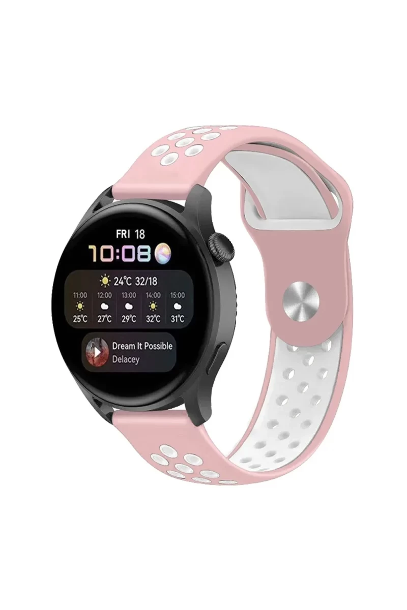 Watch 22mm Uyumlu Spor Delikli Kordon - Pembe-Beyaz