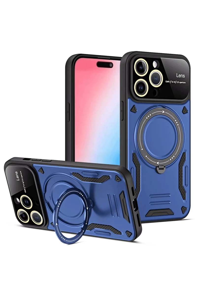 Apple iPhone 16 Pro Max Uyumlu Kılıf Joy Lens Standlı Kapak - Lacivert
