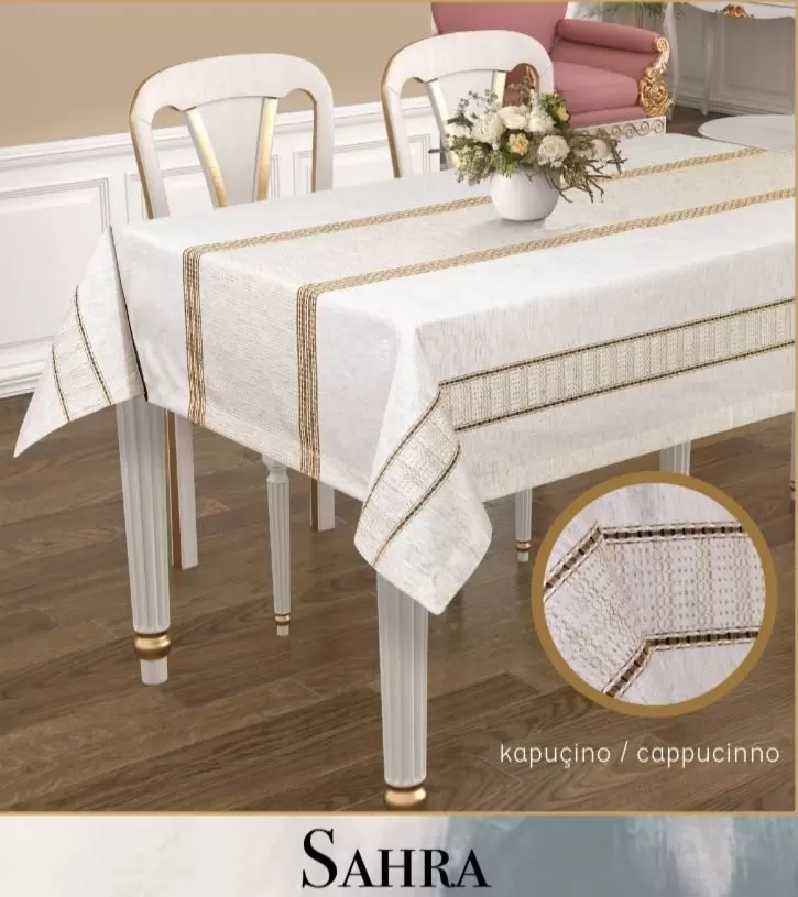 160x260 cm Kapicino Sahra Polyester Ajurlu Keten Masa Örtüsü Tablecloth Şık Dekor