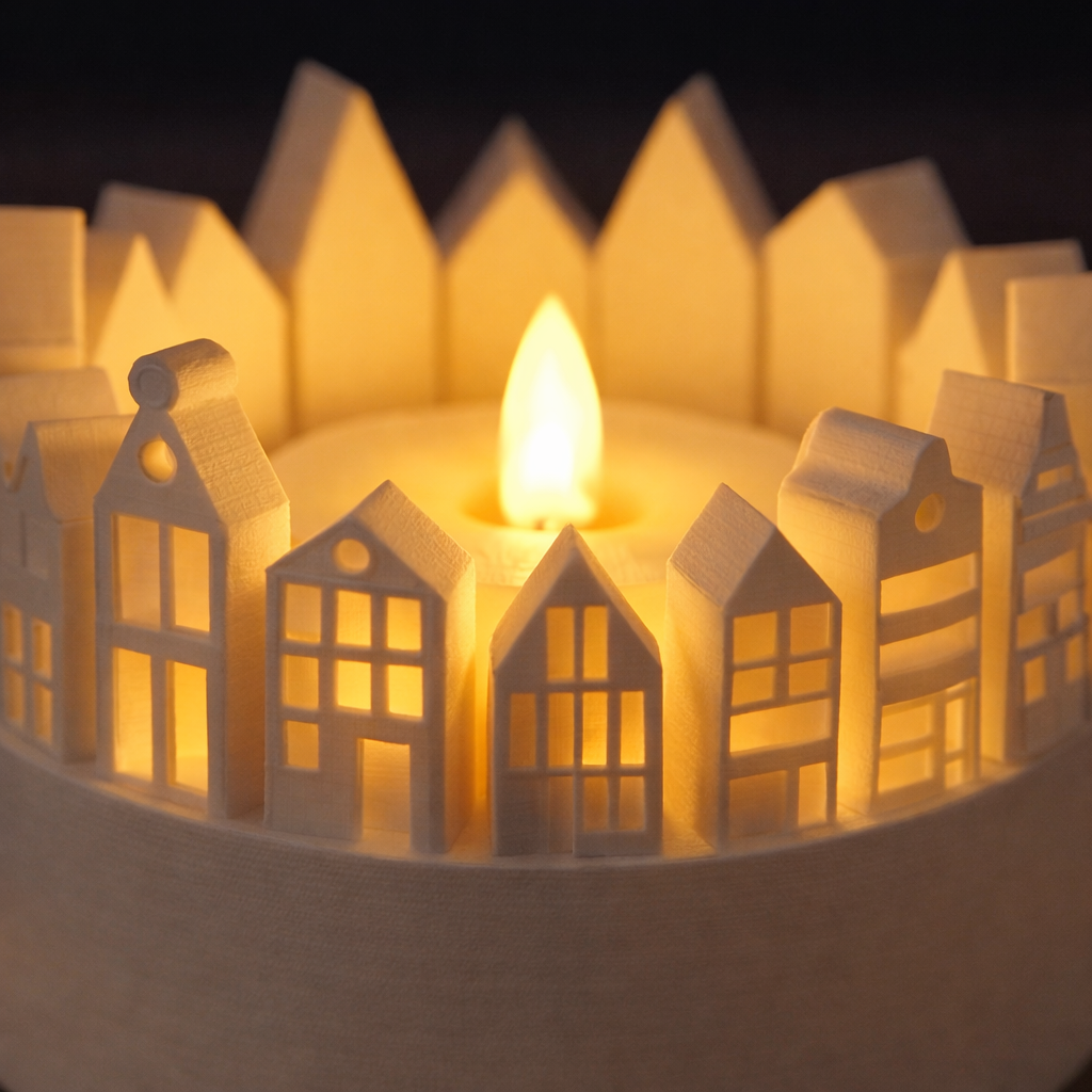 Şehir Silüetli Tealight Mumluk Işık Efektli Dekoratif Mum Tutucu