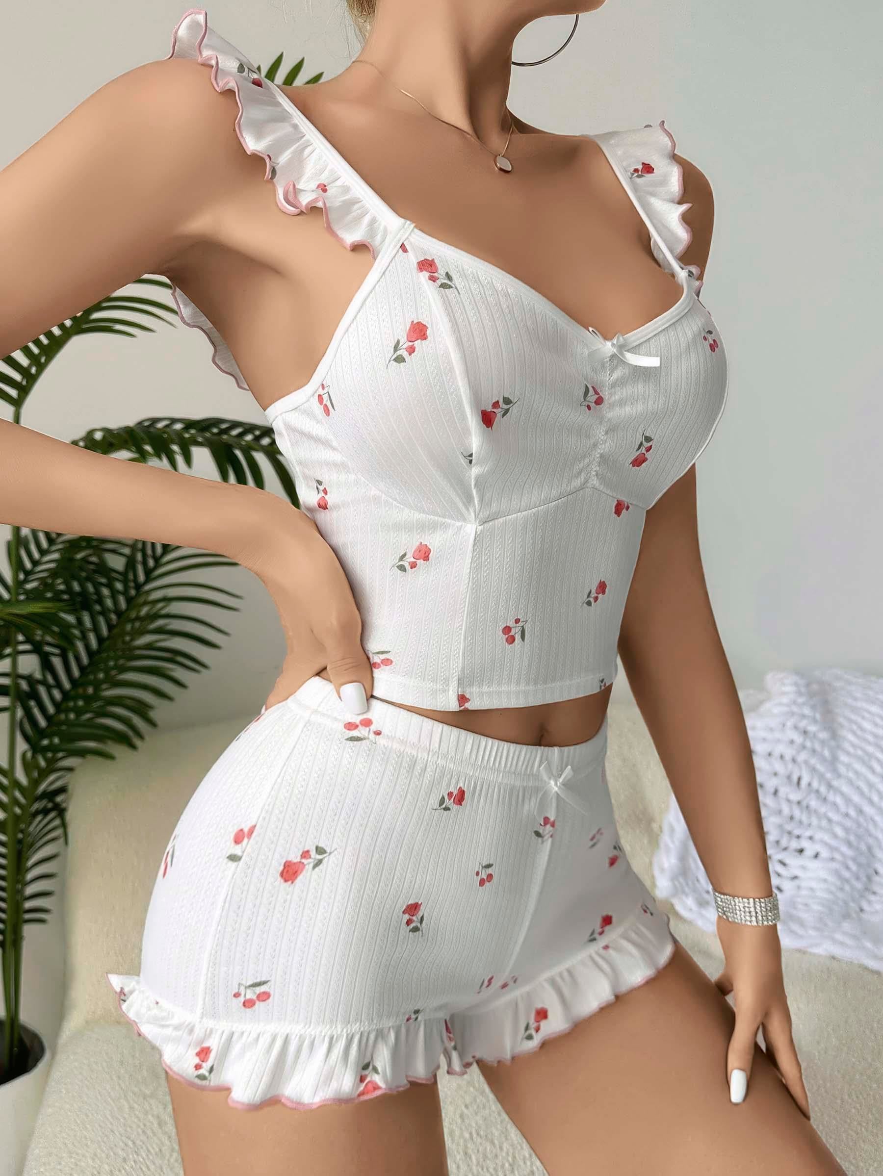 Kadın Gül ve Kiraz Desenli Şortlu Gecelik Takım 5112 · BEDEN: L/XL · RENK: Beyaz