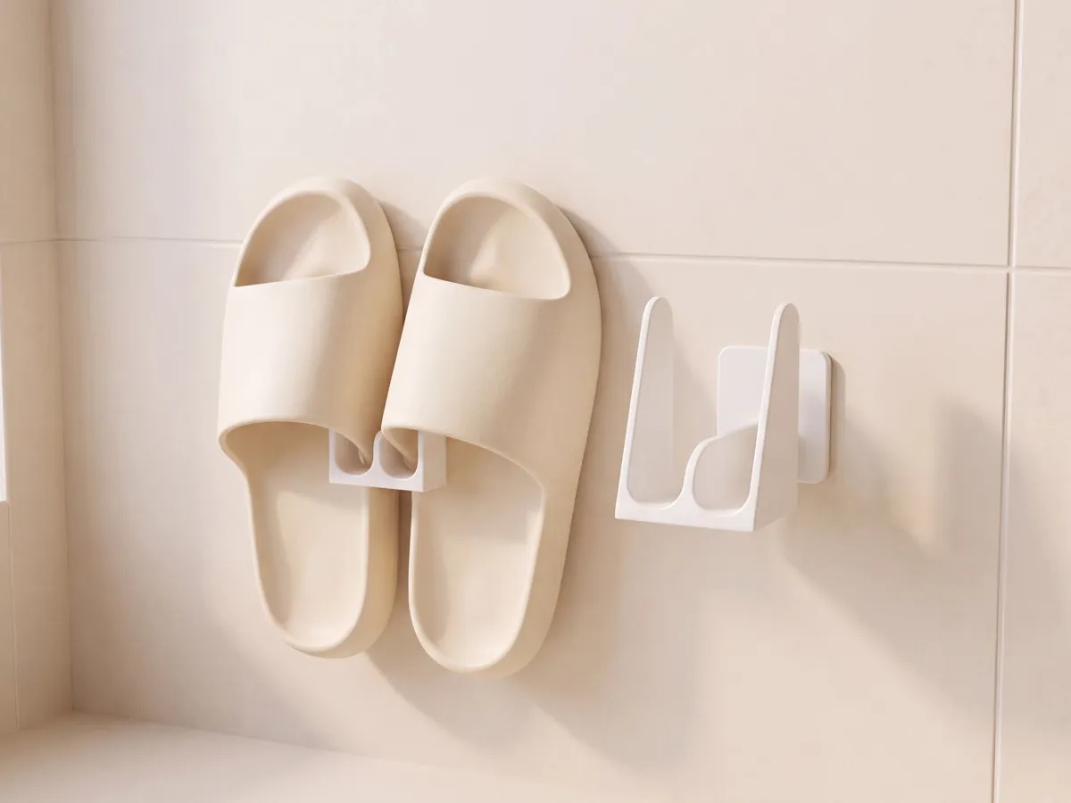 3D Baskı Duvara Monte Banyo Terlik Askısı Minimalist Terlik Rafı Delmeden Yapıştırmalı Beyaz