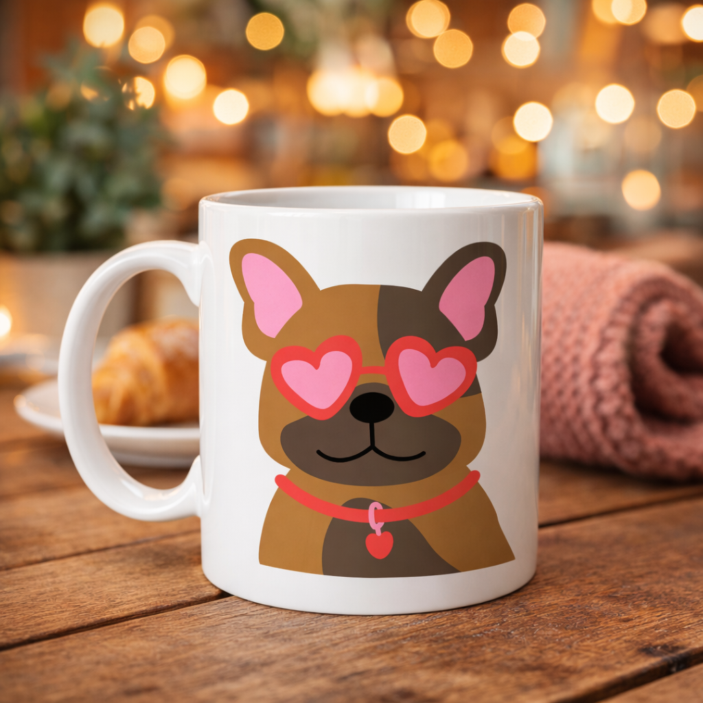 Sevimli French Bulldog Desenli Porselen Kupa Model 48 – Kalpli Gözlüklü Köpek Tasarımı, Hediye Kupa, Kahve & Çay Kupası