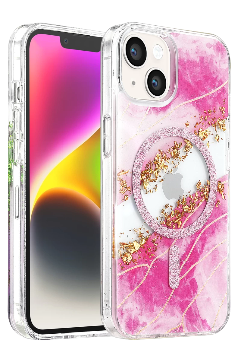 Onegif Apple iPhone 14 Uyumlu Lotus Simli Magsafe Kapak - Pembe