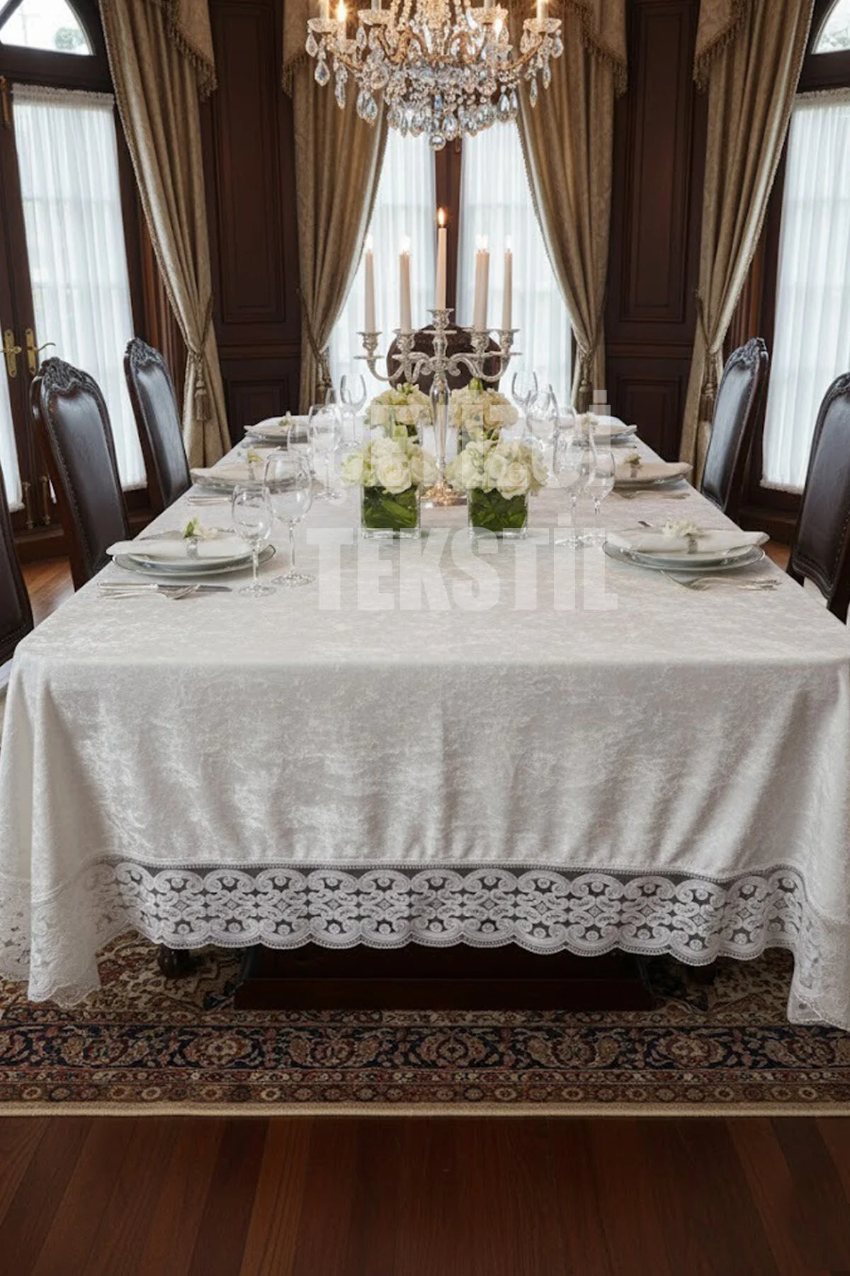 Tek Masa Örtüsü Kadife 160x220cm - Dantelli Yemek Masası Örtüsü 160x220cm Tek Masa
