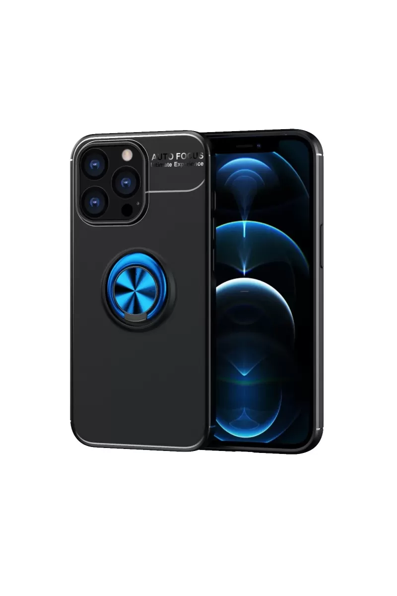 Apple iPhone 13 Pro Uyumlu Kılıf Range Yüzüklü Silikon - Siyah-Mavi