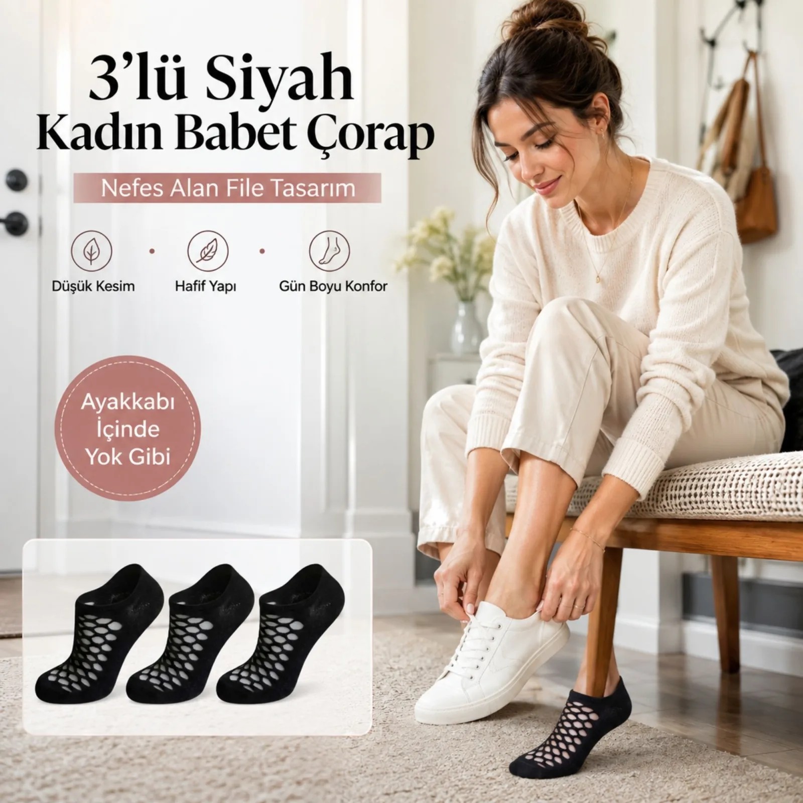 Kadın Siyah 6’lı File Babet Çorap Düşük Kesim İnce Esnek Nefes Alan Ekonomik Çorap Seti