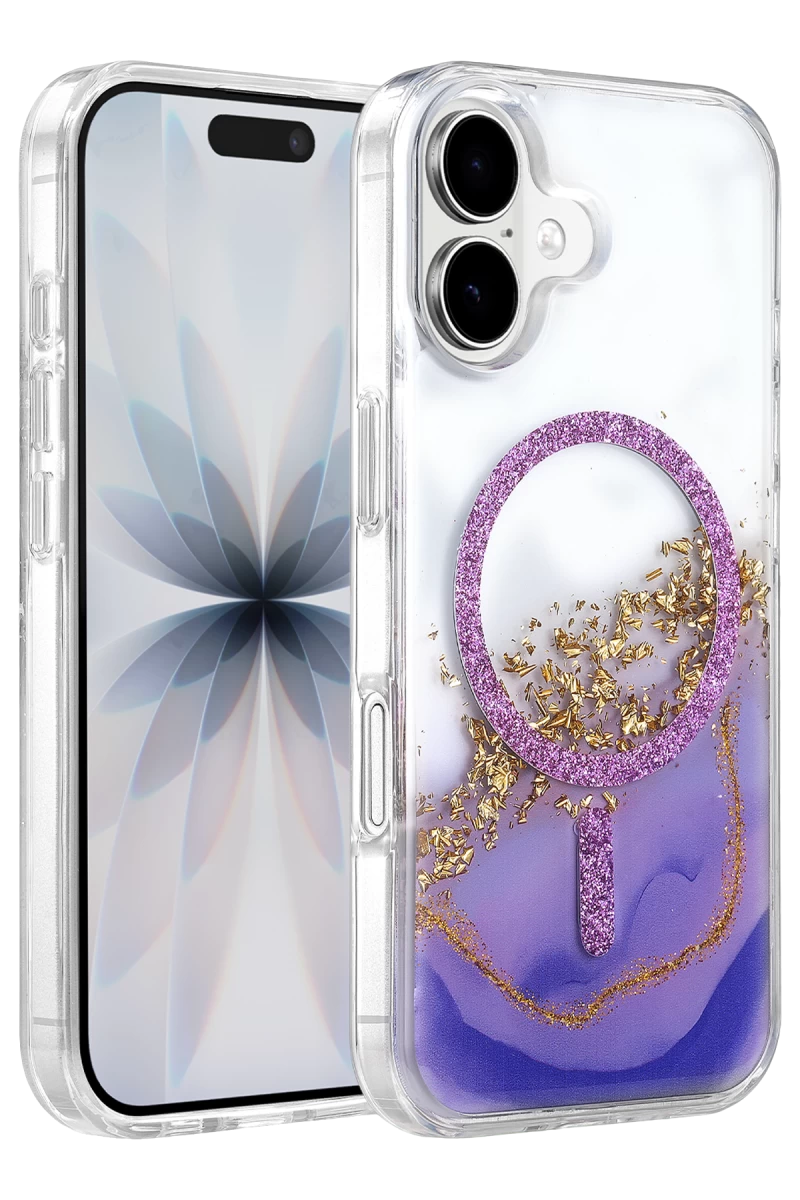 Onegif Apple iPhone 17 Uyumlu Lotus Simli Magsafe Kapak - Mor