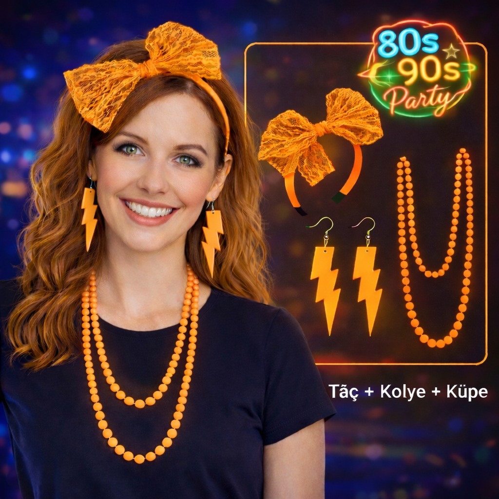 80?ler 90?lar Neon Turuncu Parti Seti ? Kolye Küpe Taç