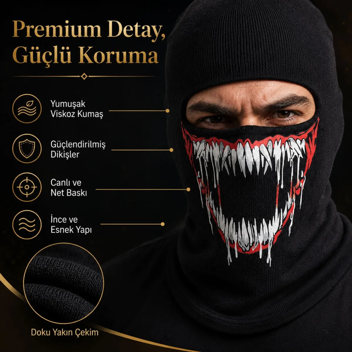 Unisex Canavar Diş Baskılı Balaklava 1 Adet Tek Beden Viskoz Kask İçi Motosiklet Maskesi